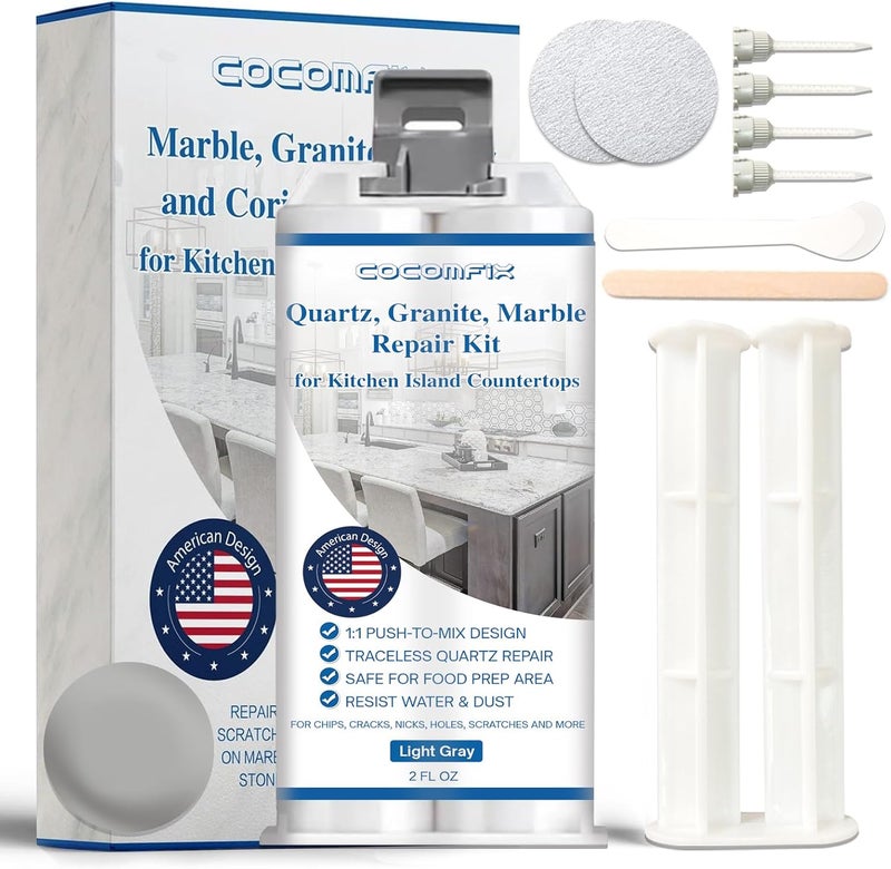 cocomfix Quartz Countertop Chip Repair Kit(Light Gray), Marble and Granite Repair to Fix Nicks, Chips or Scratches on Granite, Marble Porcelain, Corian, Travertine, Quartz, Acrylic and Other Surfaces. - Image 1